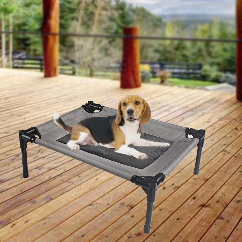 Black outdoor dog bed with removable Oxford cloth cover and steel frame, shown at 55cm length