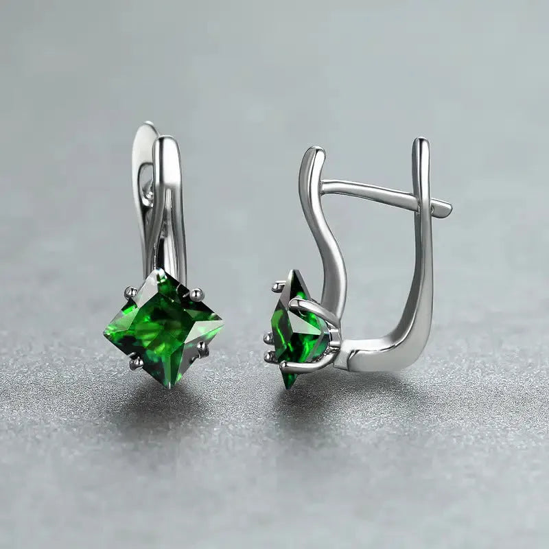 Copper women's earrings with diamond design and inlaid zircon detail in blue, green, or colour variants.