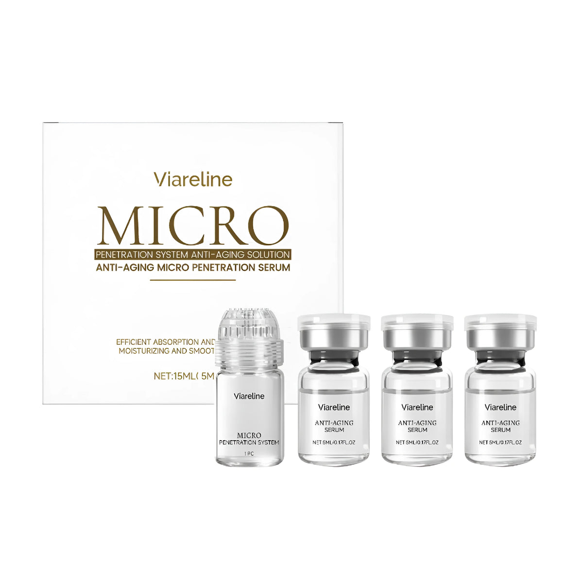 Compact anti-aging roller microneedle set with VIARELINE essence bottles, microneedle, and empty bottle
