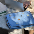 Blue and citrus plaid patterned nylon laptop sleeve for a 14-inch computer