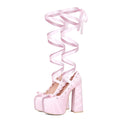 Pink imitation leather lace-up platform pumps with chunky heel and round toe