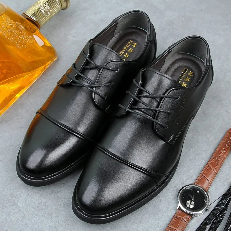 Men's black leather lace-up business shoes with rubber sole and stitching details