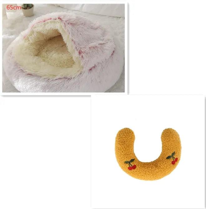 2 in 1 round plush pet bed with PP cotton filling for dogs and cats, available in brown, 65cm size