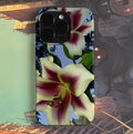 Dark Night Flower retro art iPhone case showing large camera cutout and floral pattern on hard shell