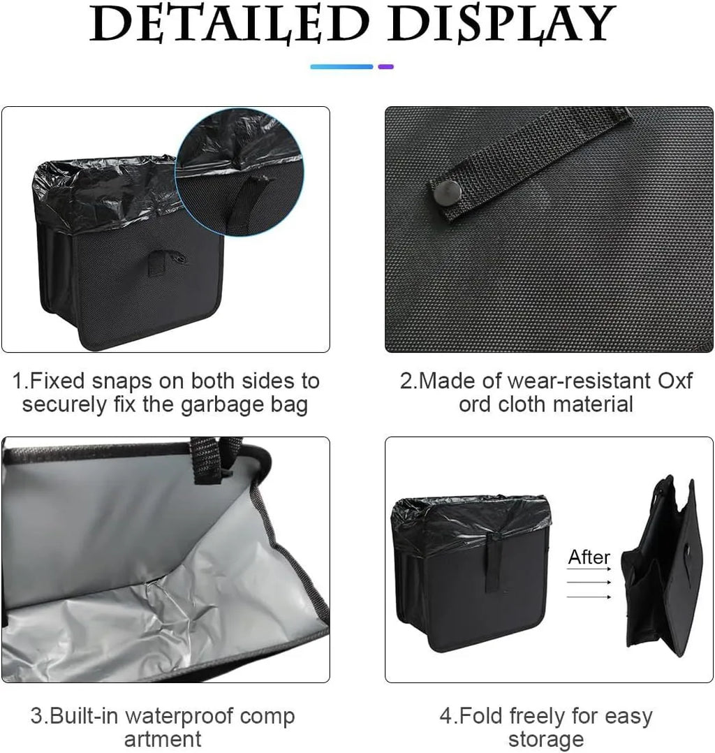 Black waterproof Oxford cloth car folding trash can with hanging loop