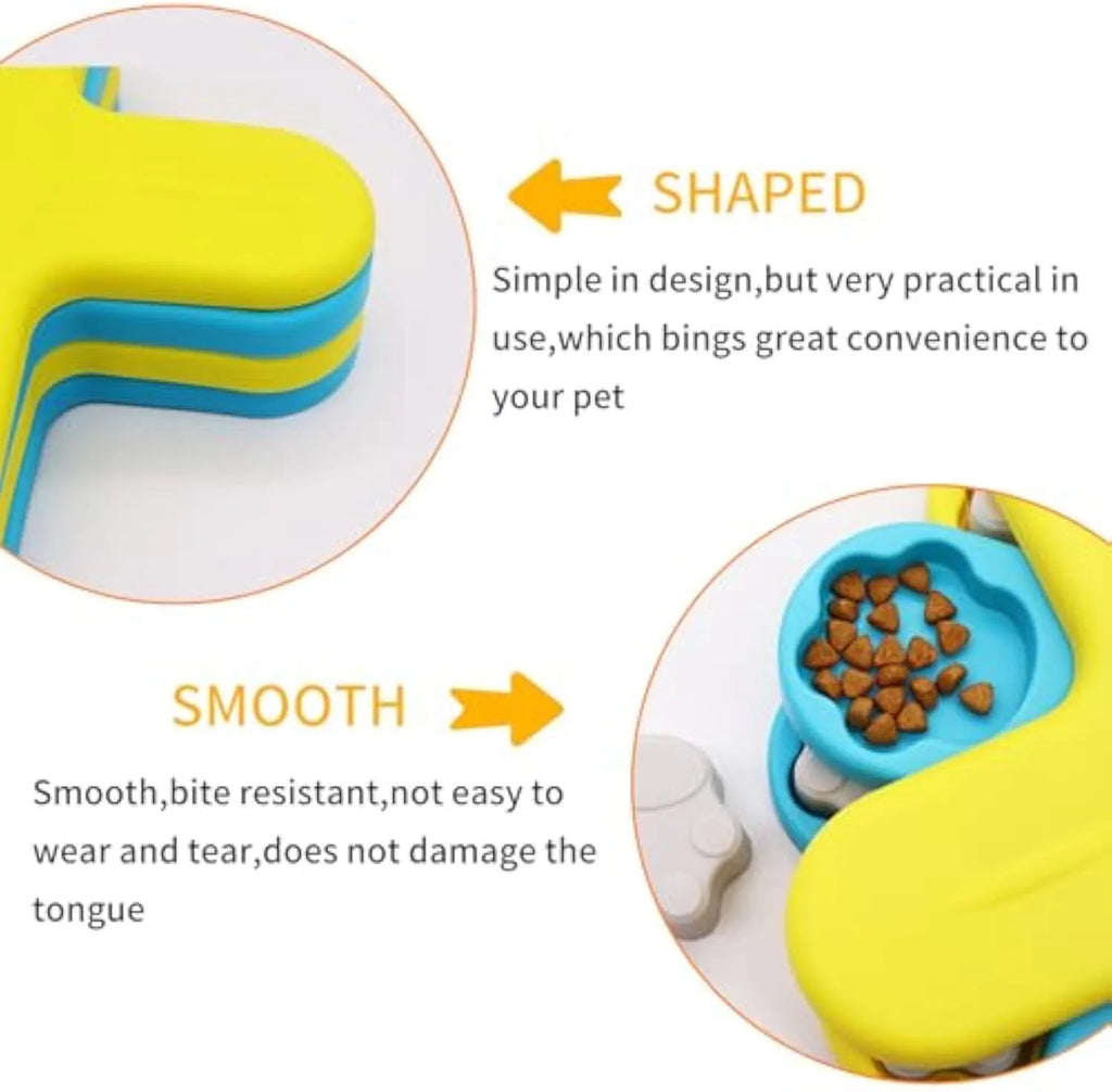 Yellow three-layer rotating dog puzzle feeder with claw-shaped obstacles and anti-slip base
