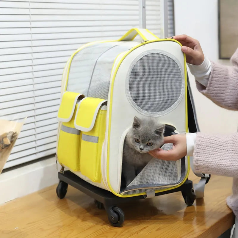 Yellow pet trolley bag canvas carrier backpack with pull rod for cats and small dogs up to 7.50kg