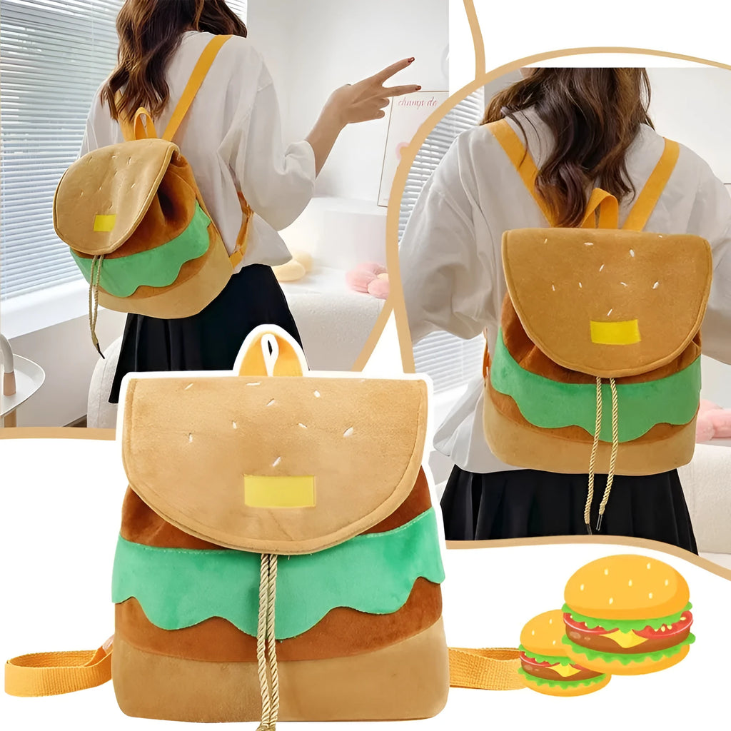 Cute hamburger plush backpack in soft velvet with drawstring closure, cartoon burger design