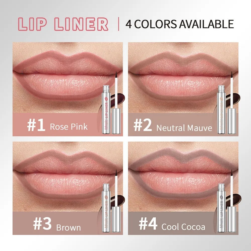 Matte finish lip liner pencil with pointed tip showing Rose Pink, Neutral Mauve, Brown and Cool Cocoa shades