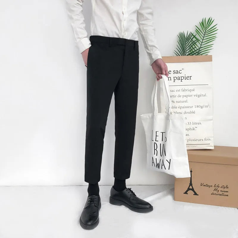 Men's slim loose straight-leg cotton trousers in khaki with a drawstring waist