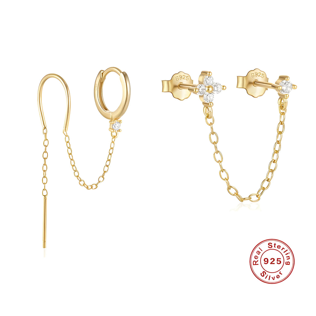 S925 Sterling Silver geometric flower and tassel chain clip-on ear studs with gold electroplated finish.