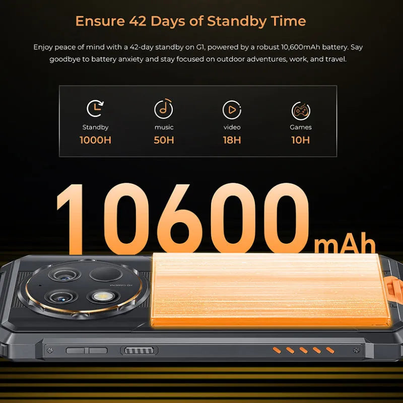 OUKITEL G1 mobile phone in grey, green, and orange colour options with included charger.