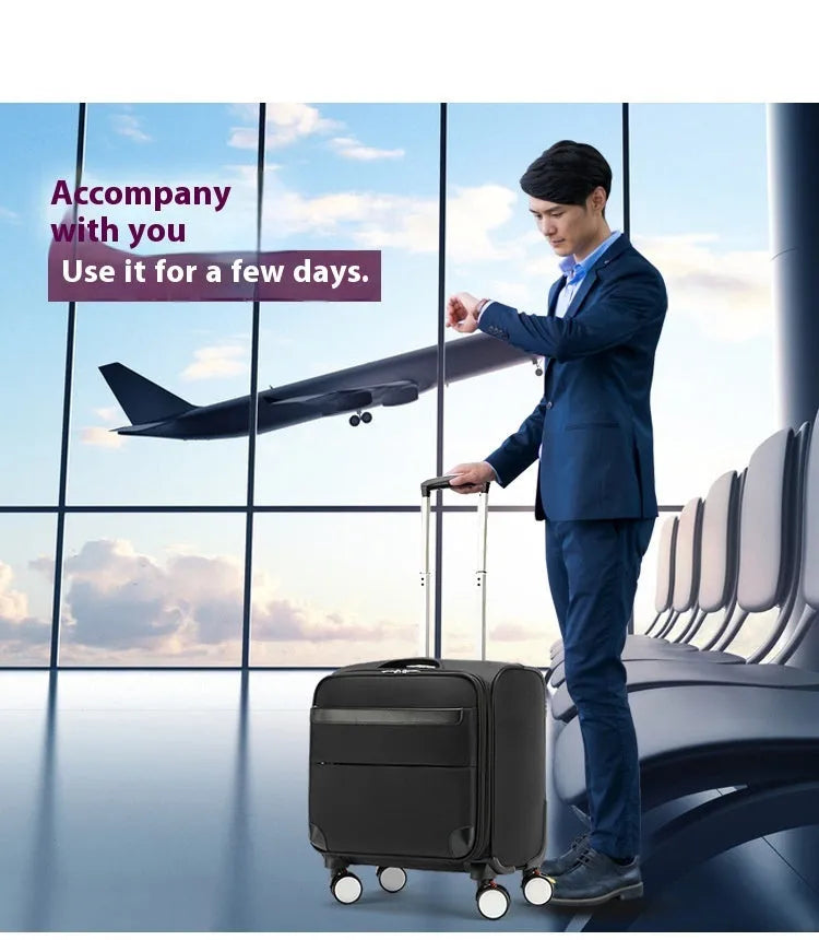 Black 18-inch Oxford cloth carry-on suitcase with retractable handle and universal wheels.