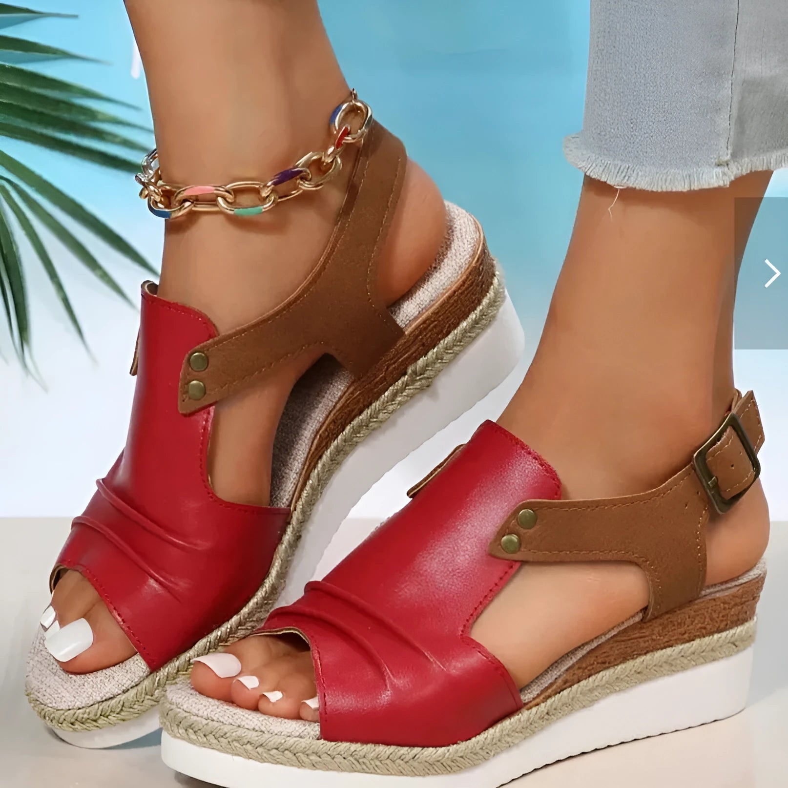 Women's fish mouth wedge sandals with straw design, peep toe, buckle closure, TPR sole, artificial PU upper