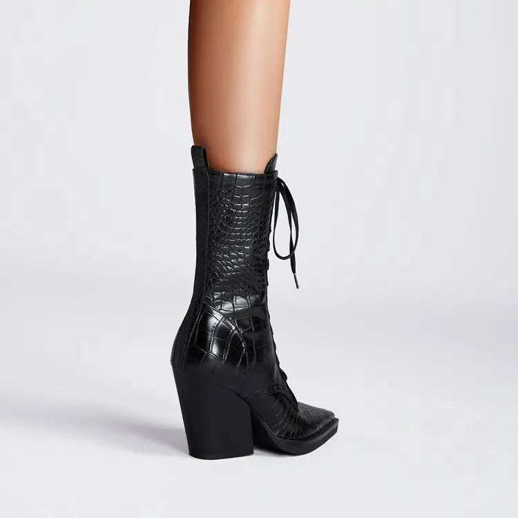 Retro dark brown women's ankle boots with pointed toe, chunky heel, side zipper, and stone pattern stitching.