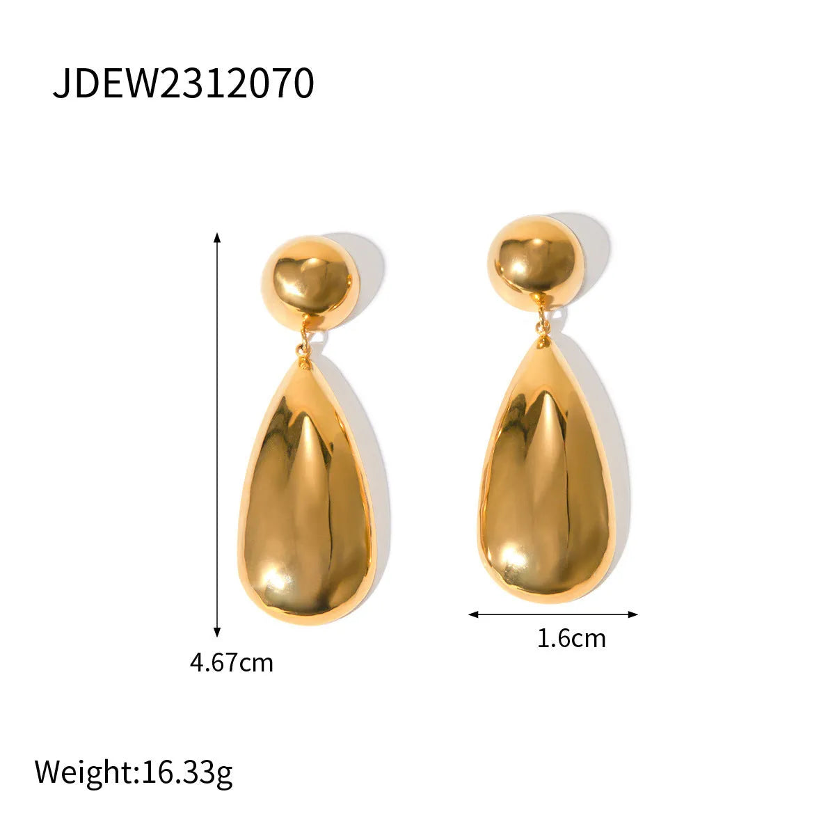 Gold coloured stainless steel earrings with a geometric shape and water drop pendant.