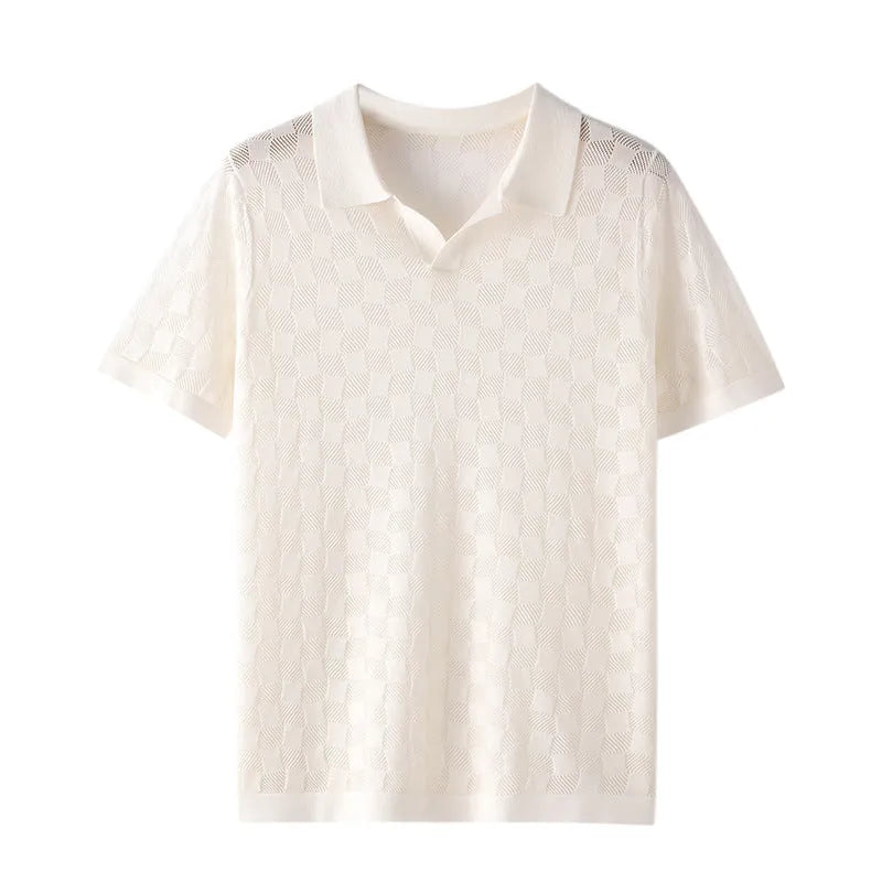 Men's mulberry silk short sleeve sweater with lapels in a solid colour for business casual wear.