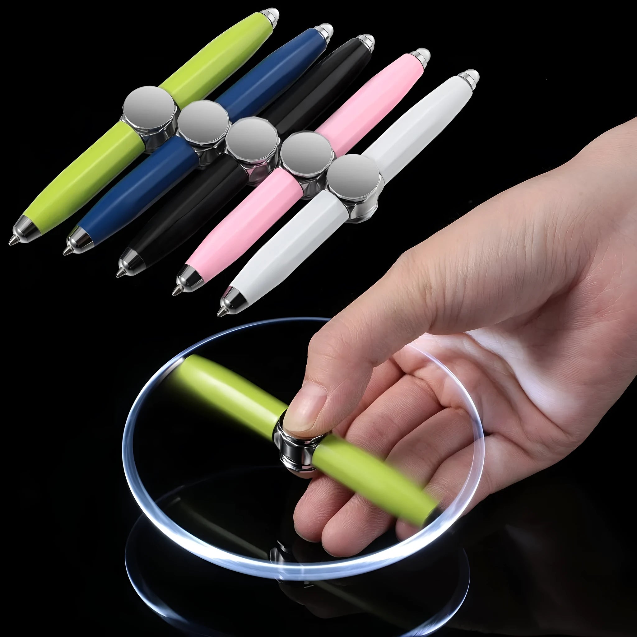 Metal gyro ballpoint pen with LED spinner at base, showing 10.5cm length and available ink colour options.