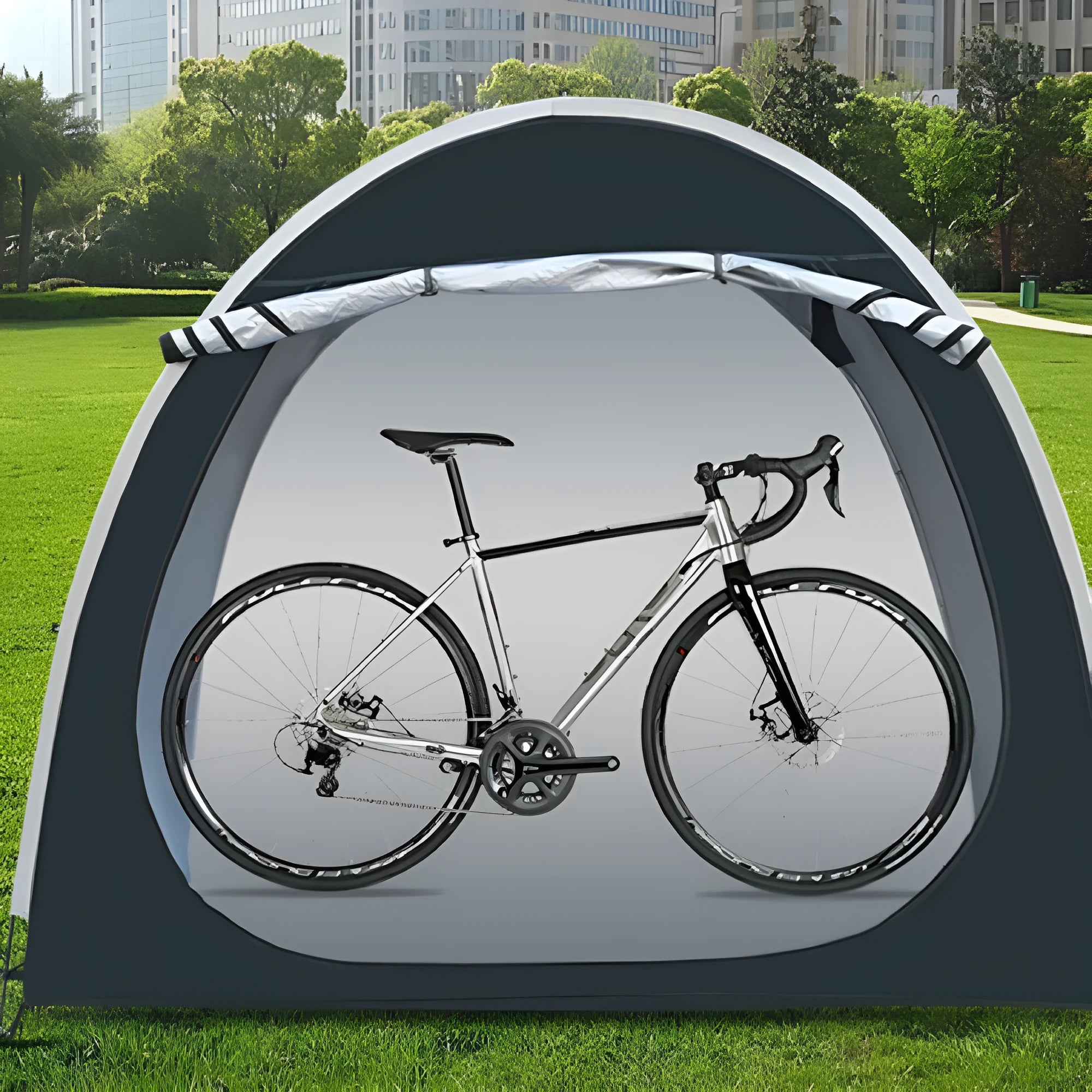 Black outdoor bicycle storage tent showing roof design for 2-3 bike weather protection
