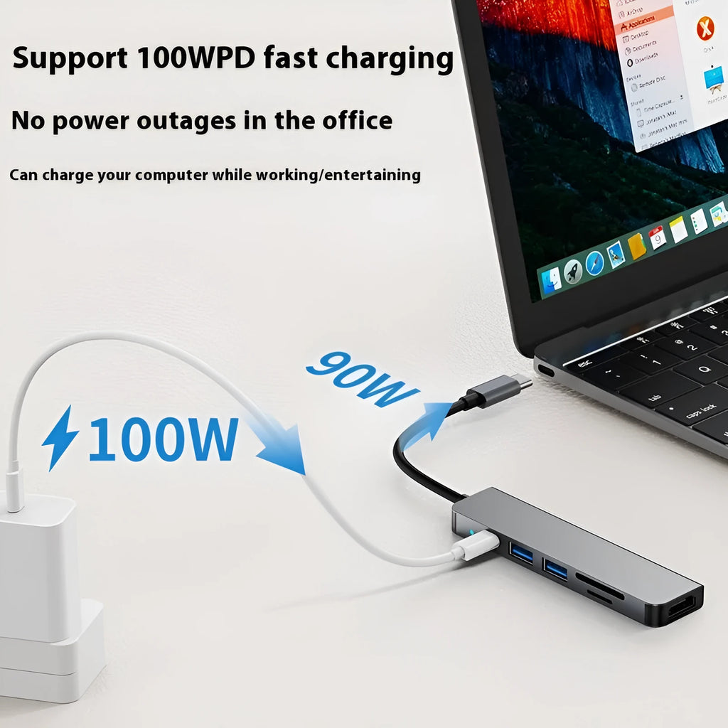Portable USB-C expansion dock with six interfaces for laptop and tablet connectivity