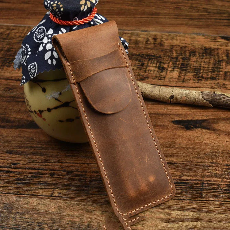 Vintage leather pencil case in square design showing black and brown colour options