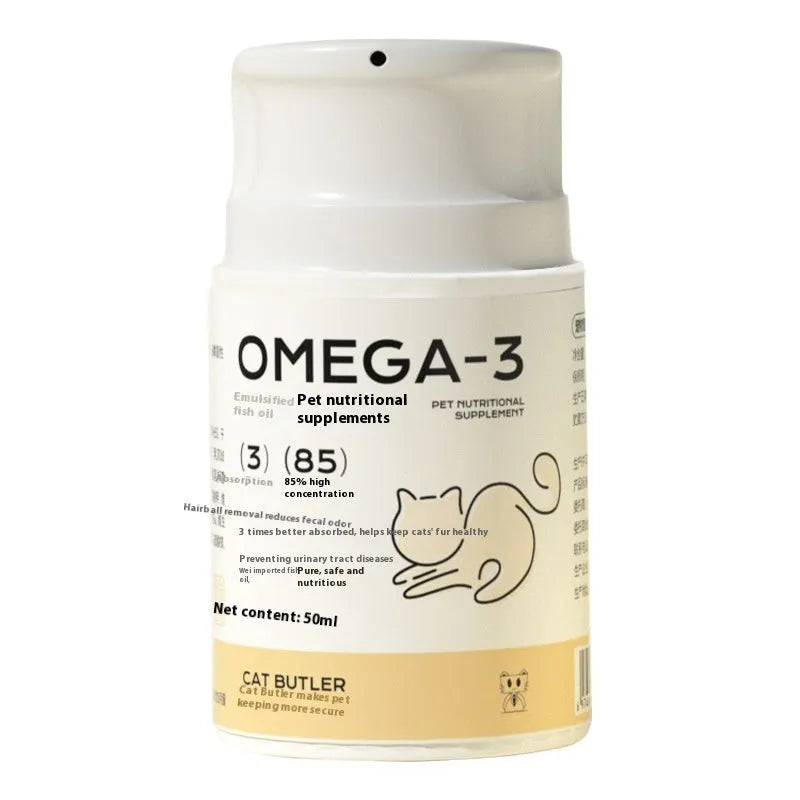 Cat Butler Pet Fish Oil bottle with Omega3, krill oil, and astaxanthin supplement for cats