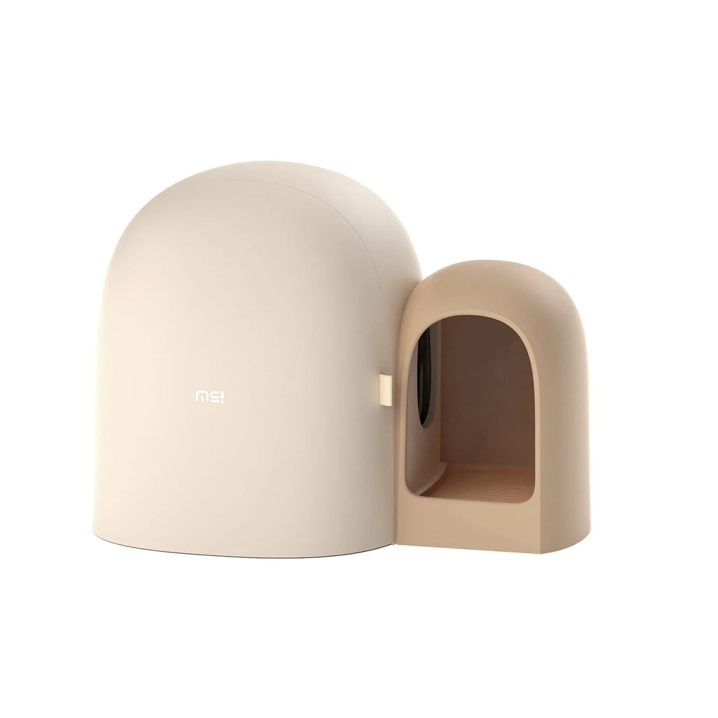 Fully enclosed oversized cat litter box in moss green colour, showing its dimensions and ABS plastic construction.