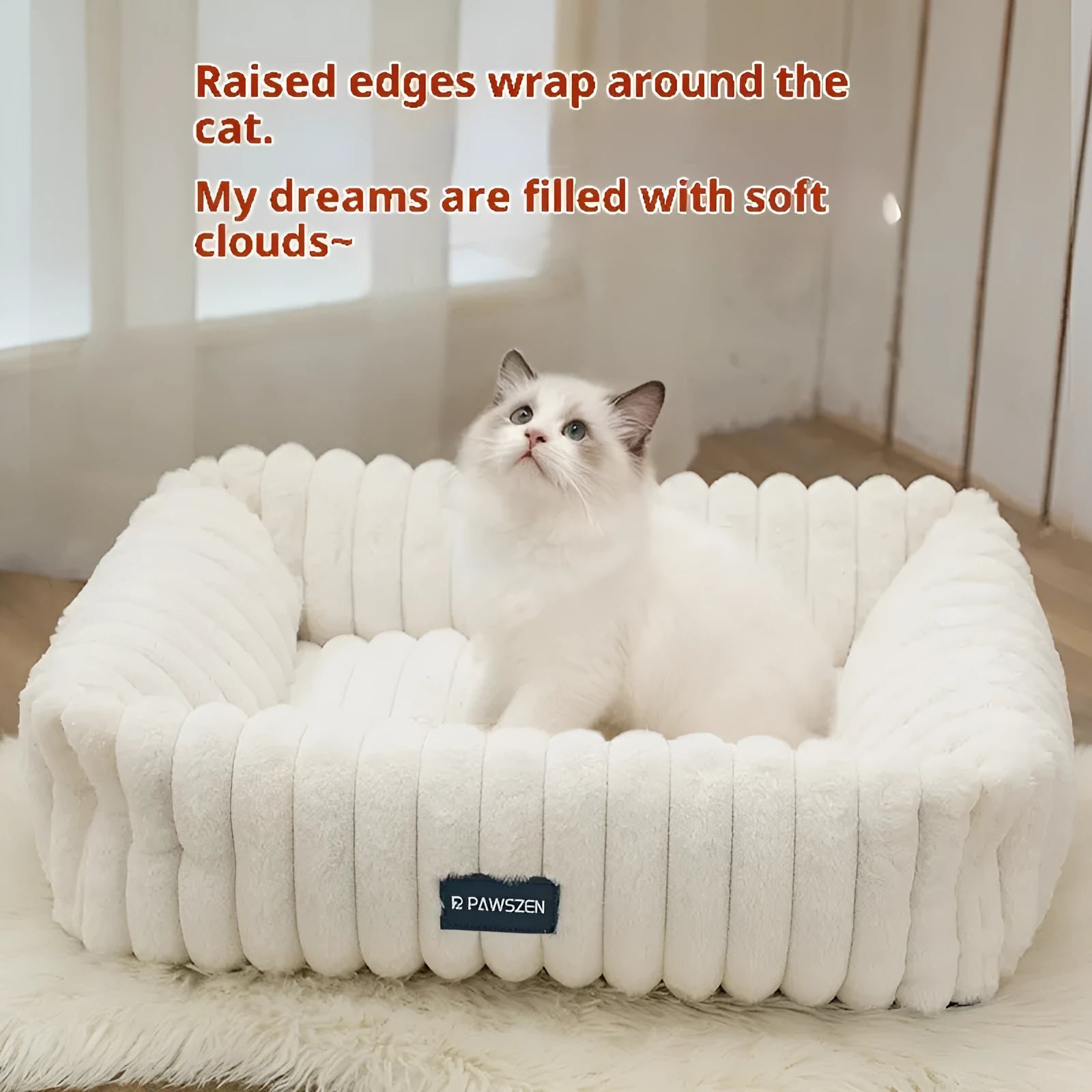 Large removable square pet bed for dogs, white striped, soft cloth, size L
