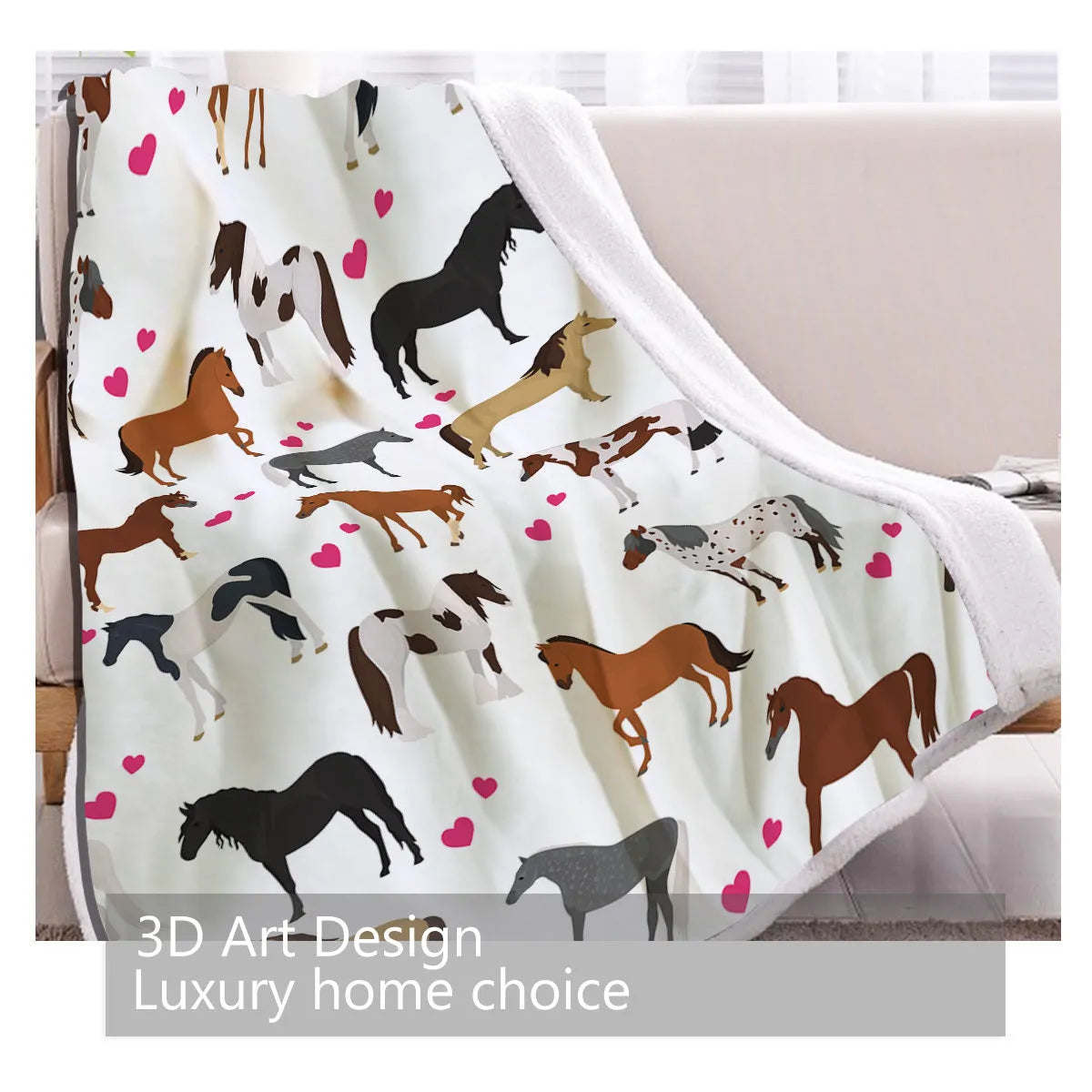 White pet themed lamb wool blanket with red heart and horse design, available in 130x150cm and 150x200cm.