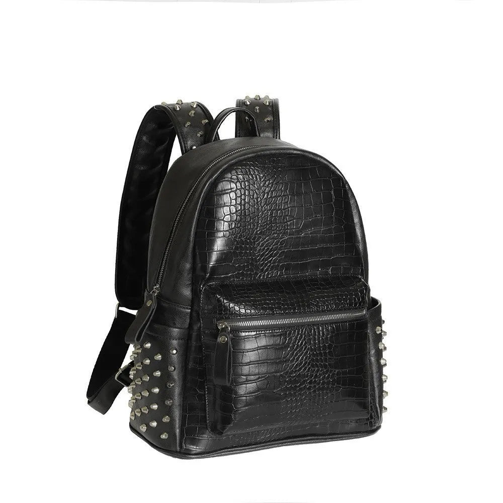 Black waterproof PU oil wax leather computer schoolbag with 36-55L capacity and rivet details.
