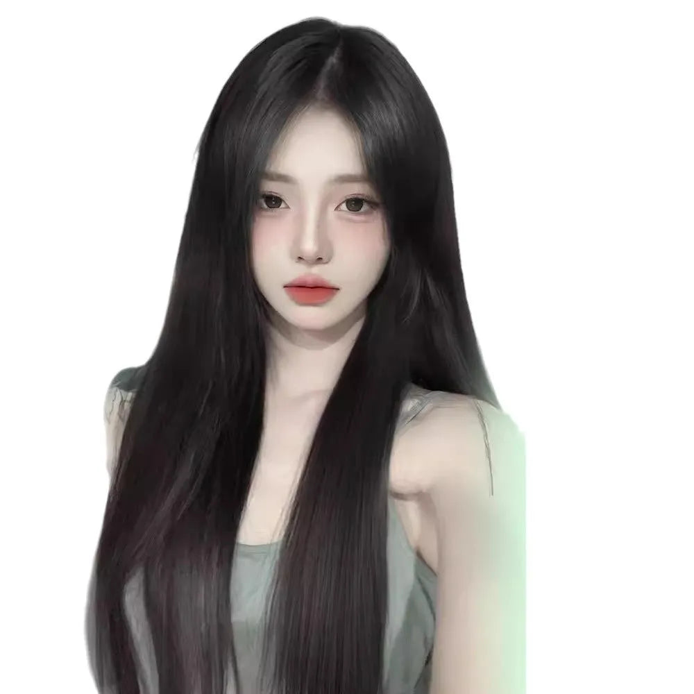 Female full-head wig with forehead lace in brown black colour showing fluffy construction and seamless hairline blending
