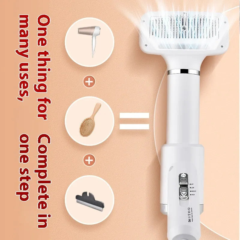 Pet hair dryer with hot air comb attachment for dog grooming showing beige and blue comb options