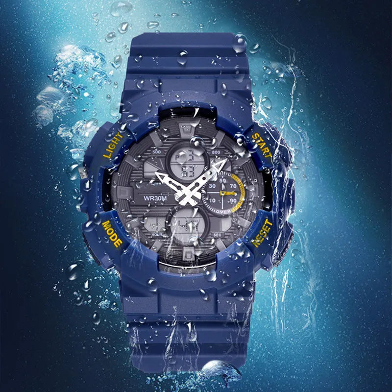 Men's waterproof electronic watch with double insert dial and 50mm plastic case in black gold