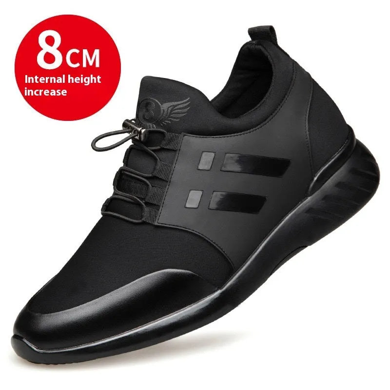 Men's black casual height increasing shoes in leather, Lycra, and mesh variants with round toe and chunky heel.