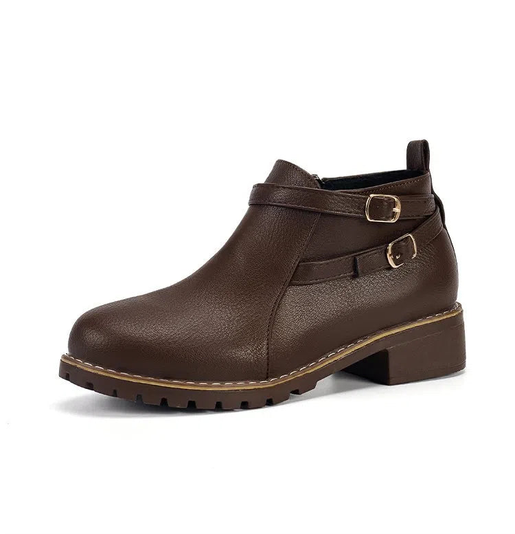 Low-heeled leather belt-buckle plus-size round-toe ankle boots in black with side zipper and chunky heel