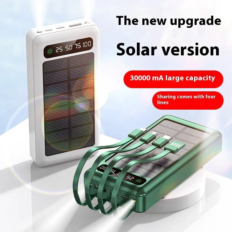 Solar power bank with charging cable 30000mAh capacity in black industrial plastic case