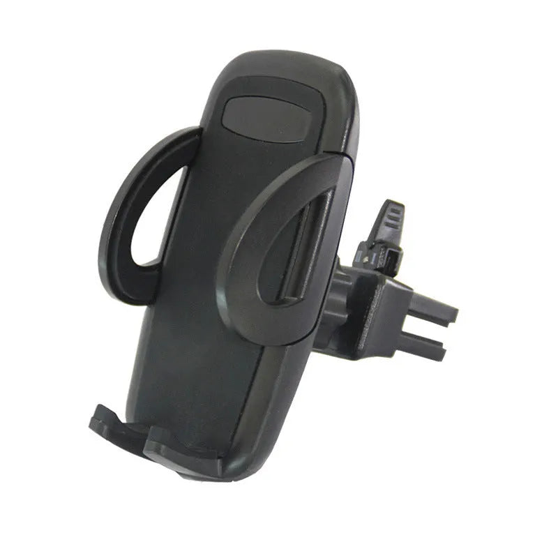 Black plastic universal mobile phone holder mounted on car air vent