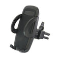 Black plastic universal mobile phone holder mounted on car air vent