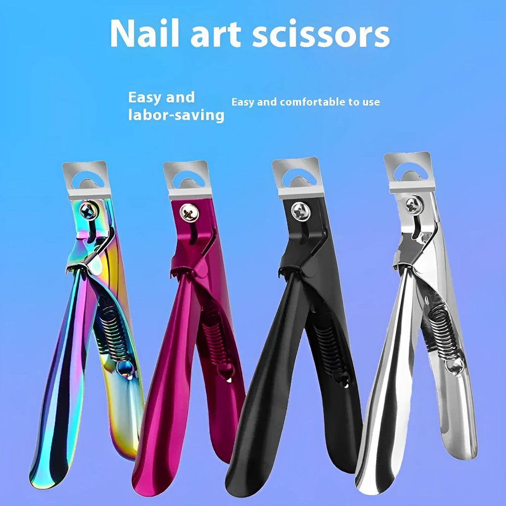 Stainless steel French U-shaped nail art scissors in black, titanium, or silver handle finish