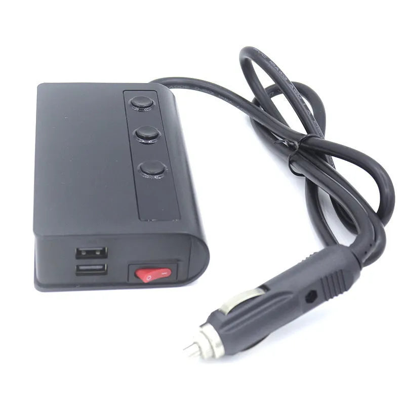 Car charger with cigarette lighter socket, one-for-three, QC3.0, 70cm cable, black or red, ABS body, 295g