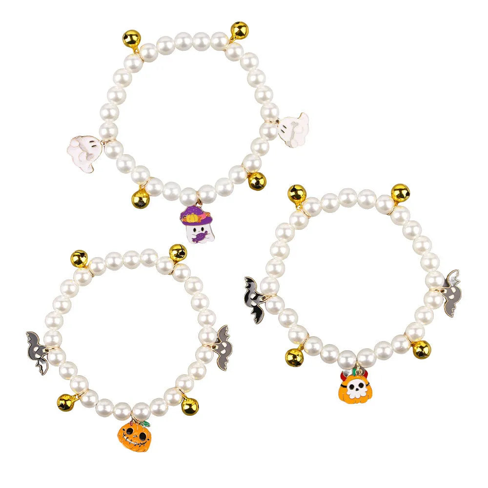 Halloween cat collar with simulated pearl necklace design in pumpkin pattern options