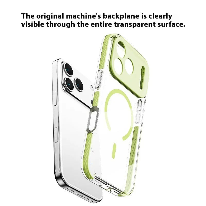Transparent magnetic protective case for iPhone in candy pink colour, showing clear back and coloured sides.