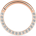 A stainless steel seamless nose ring with a diamond setting, shown in gold, rose gold, black, and steel finishes.