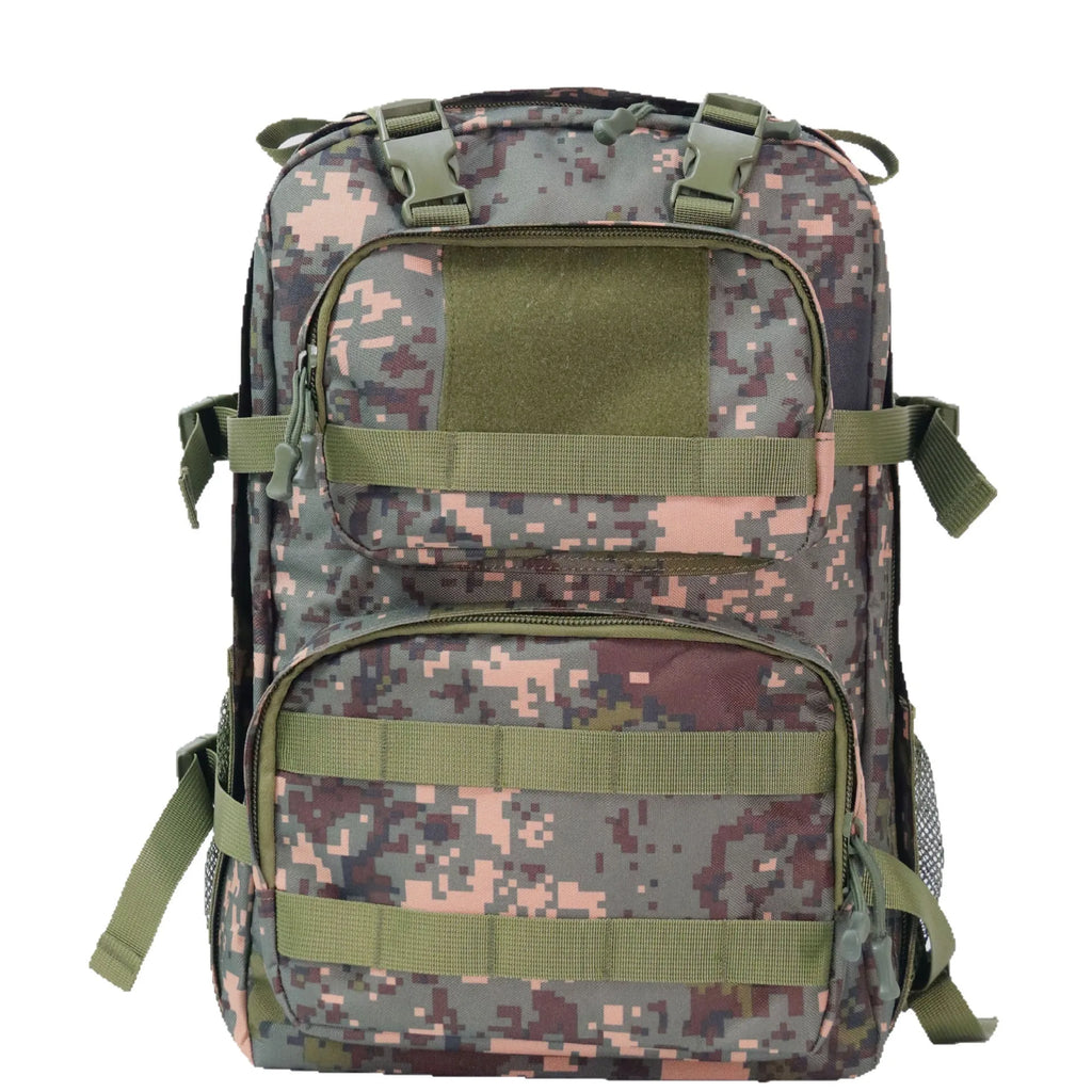 Camouflage pattern outdoor waterproof rucksack with air pillow belt system showing 30x15x46 cm dimensions