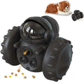 Robot-style interactive dog treat toy with roller mechanism for slow feeding, measuring 141mm
