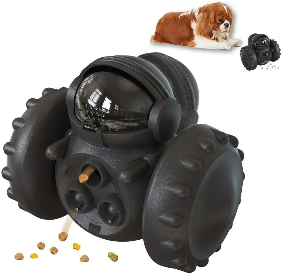 Robot-style interactive dog treat toy with roller mechanism for slow feeding, measuring 141mm