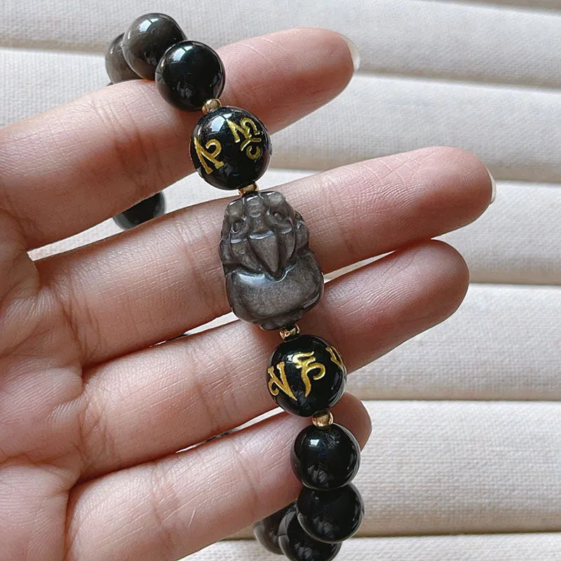 Natural silver stone men's bracelet with beaded zodiac and proverb design in Chinese style