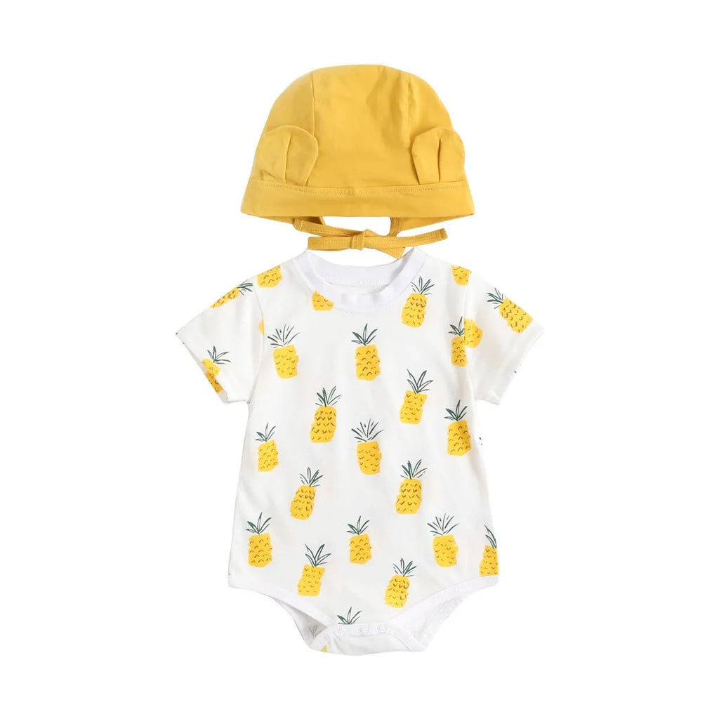 Unisex baby pure cotton short sleeve triangle jumpsuit with matching hat, Banana and Pineapple prints, Korean style