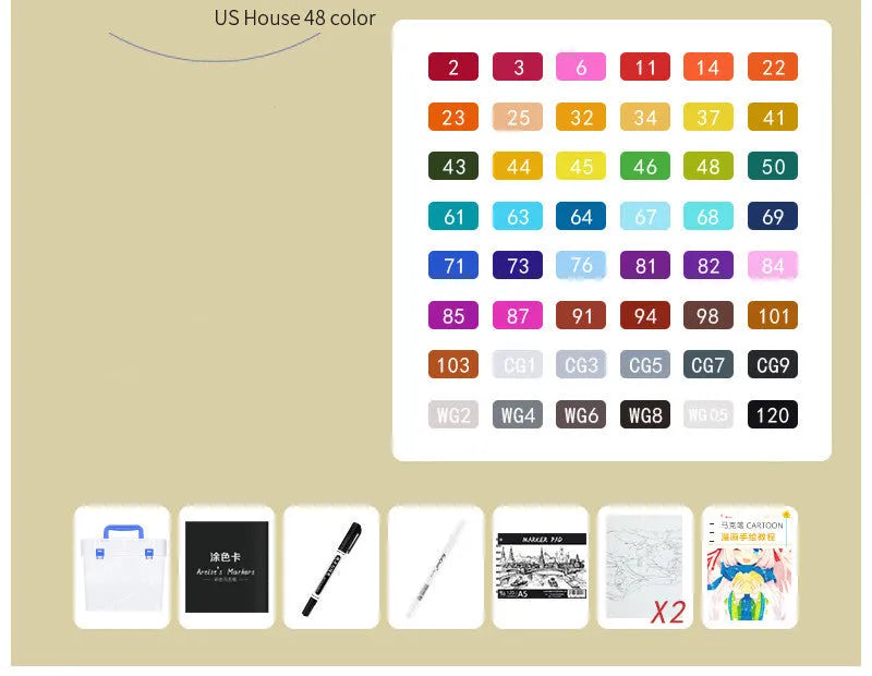 48-colour oily soft-tip marker set with round and oblique heads for student hand-painted design projects