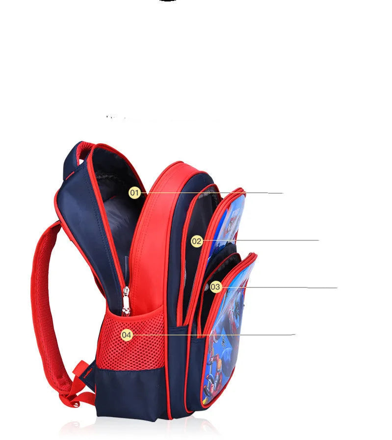 Blue children's school backpack with anime cartoon print, showing front pocket and shoulder straps.